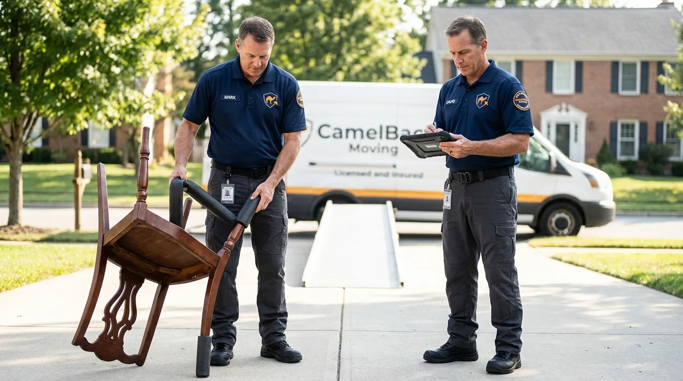 Movers inspecting furniture for damage prevention before loading in Chicago Heights, IL
