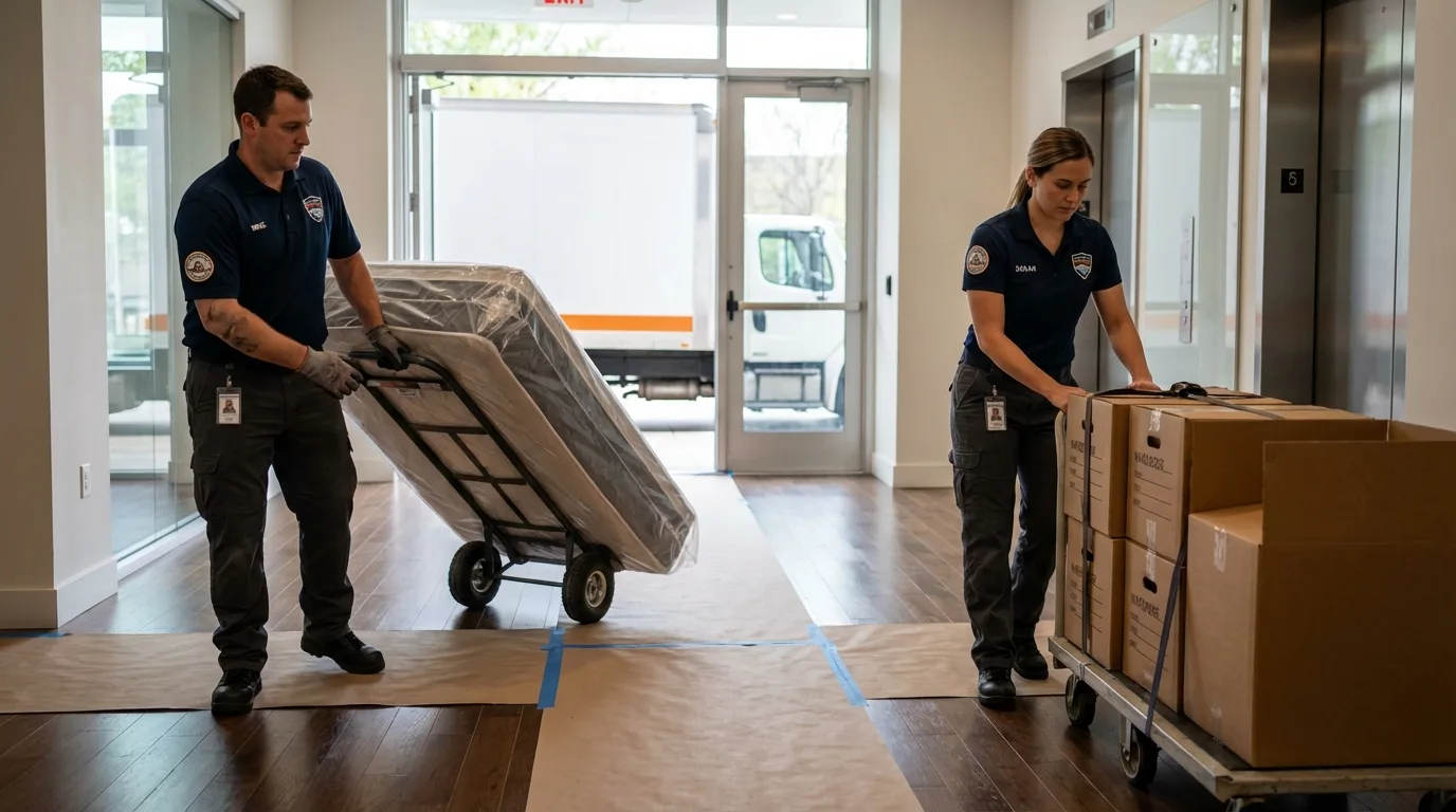 Professional apartment movers loading elevator in Chicago Heights, IL